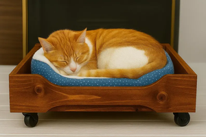 Cama para mascotas pequeña hecha a mano para interiores, características protectoras, muebles rústicos de madera para perros, caja alternativa, cama rodante para perros, ruedas de cojín - Product Image 3