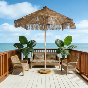 Ombrellone da Mercato in Legno Stile Postmoderno 2,2m con Frange in Pizzo, Elegante Ombrellone con Nappe <span class=keywords><strong>per</strong></span> Esterni, Giardino, Cortile, Parco - Product Image 1