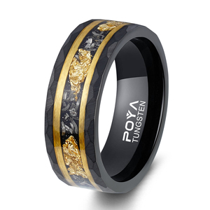 POYA Meteorit Altın Yaprak Düğün Yüzüğü 8mm Çekiçlenmiş Erkek Siyah Benzersiz Tungsten Nişan Yüzükleri - Product Image 1