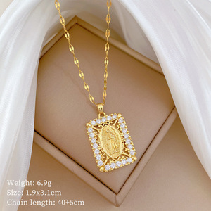 Collier Pendentif Vintage Plaqué Or Vierge Marie Mère <span class=keywords><strong>de</strong></span> Dieu Micro Sertie Zircons Cubiques CZ - Product Image 2