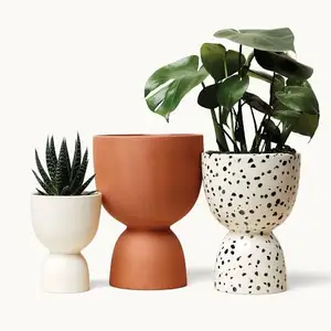 Vaso de flores de cerâmica com bandeja, suporte de celular para desktop, vaso plantador de terracota