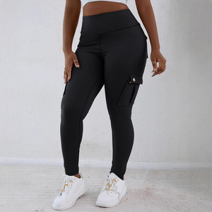 Pantalones de yoga de cintura alta para mujer, largos, de spandex/poliéster, con efecto levanta glúteos y bolsillos con solapa, control de abdomen - Product Image 3
