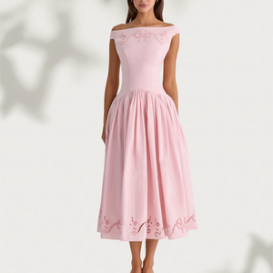 Robe midi élégante rose pour femme, coupe évasée, brodée, à épaules dénudées, style ODM personnalisé - Product Image 1