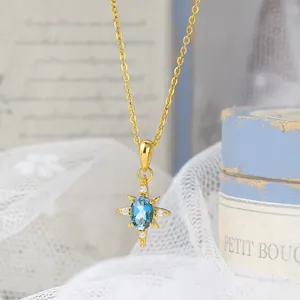 Collar con colgante de estrella para mujer, plata 925, Topacio Azul Natural, chapado en oro de 14K, collar de joyería fina, LAMOON coreano - Product Image 1