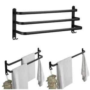浴室卫生间墙壁安装黑色1/2/3毛巾杆支架套装