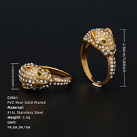 Bague pour femme, design tête de léopard, pierre précieuse verte, yeux en strass, plaqué or 24 carats, acier inoxydable 316L, fabrication