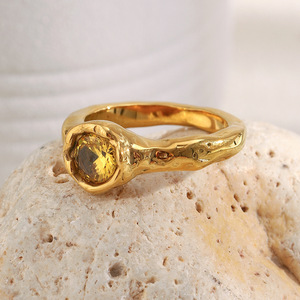 Stainless Steel Irregular Hammered Texture <b>Ring</b> 18K Gold Plated Yellow Zircon Inlay Vintage <b>Statement</b> Finger <b>Ring</b> For Women - Product Image 3