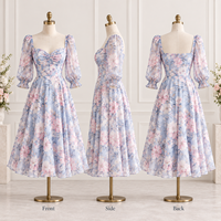 Robe de Soirée Mi-Longue pour Femme Personnalisée, Col Cœur, Imprimé Floral, Buste Froncé, Manches Bouffantes Transparentes, Taille Cintrée, Coupe Évasée