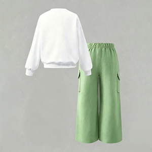 Set di Abbigliamento per Ragazze Adolescenti: <span class=keywords><strong>Felpa</strong></span> con Stampa Numerica e Pantaloni Cargo Verdi, Outfit Trendy per Bambini su Misura - Product Image 2