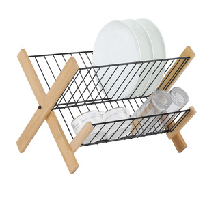 Bamboo Wood Dish <b>Rack</b> Carbon Steel Folding Drainer Kitchen <b>Plate</b> Organizer Square Shape Storage <b>Rack</b> For Drying Utensils - Product Image 3