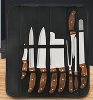 Ensemble de couteaux de cuisine à manche en bois, couteaux de chef en acier inoxydable avec sac de transport, aiguiseur et fourchette à viande pour la cuisson et le barbecue