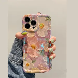 Casing iPhone 14 Pro Max lukisan minyak Retro, penutup indah tepi gelombang keriting lucu pola Glossy Laser bunga cetak warna-warni