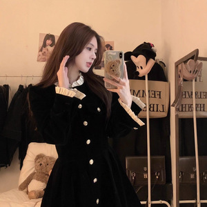French Style Cute Black Dress Women Peter Pan Collar Tight Waist Short Skirt Daily Casual Polyester Fabric - Product Image 2