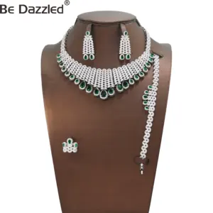 Elegant Bridal Cluster Layer Necklace Earrings Set Luxury Designer Green Zircon Dangle Wedding Party Women Costume Jewelry