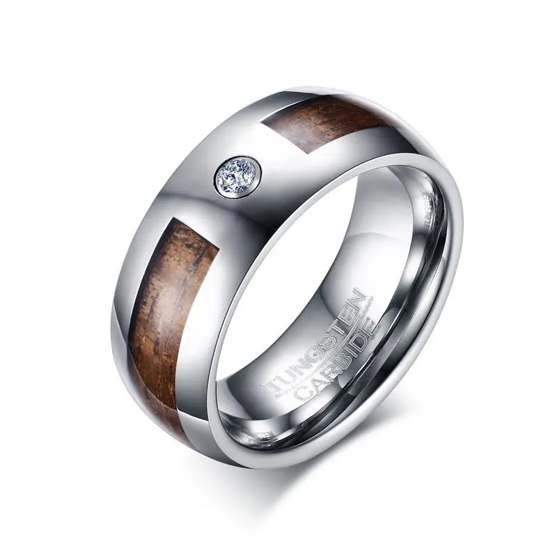 POYA 8mm Domed Wood Inlay Tungsten Carbide Ring High Polished Mens Zirconia Luxury Wedding Band