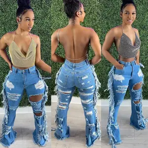 ANSZKTN Phụ Nữ Kẻ Sọc Đường Phố Giản Dị Ripped Jeans Quần Eo Cao Nữ Rửa Bùng Ripped Tua Denim Quần