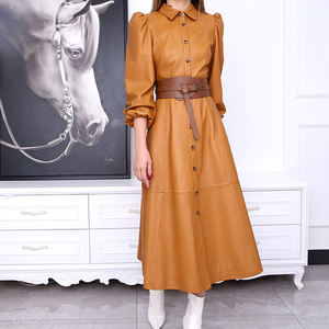 <span class=keywords><strong>Vestido</strong></span> de <span class=keywords><strong>Cuero</strong></span> Genuino de Lujo para Mujer, Estilo Camisero, con Mangas Abullonadas, Cuello Camisero, Corte Midi, Cierre de Botón Sencillo - Product Image 3