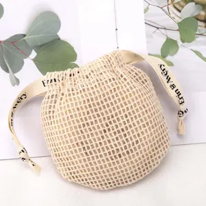 Custom Logo Printing Cotton Mesh Biodegradable Knitting Soap Holder Bag Drawstring Candle Gift Mesh Pouch
