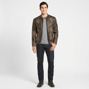 Veste en cuir vintage à col montant Finer Threads, respirante, avec fermeture éclair, manteau de moto tendance, marron, en cuir véritable pour homme - Product Image 1