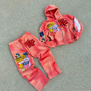 High Quality Stone Washed Vintage Tracksuit Distress Patch Boxy Fit Flared Sweat Pants and Jogging Set Custom Sweat Suits <b>Men</b> - Product Image 1
