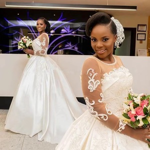 African Style Wedding Dress O Neck High Waist Satin Ball Gown Vintage Lace Mid Sleeve White - Product Image 1