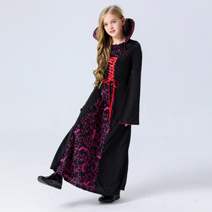 Disfraz de bruja para niños, vestido estampado en negro y rosa con capucha y bastón, traje de juego de rol para fiesta de Halloween para niños - Product Image 4