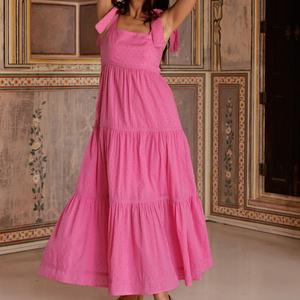 เดรสยาวผู้หญิงลายแจ็คการ์ดแบบผูกโบว์หวานๆ สไตล์ฤดูร้อน  ขายส่งจากโรงงาน ดีไซน์หรูหราพร้อมสายรัดอก - Product Image 2