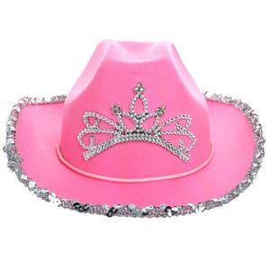 <span class=keywords><strong>Sombrero</strong></span> <span class=keywords><strong>vaquero</strong></span> rosa con Tiara parpadeante para mujer, gorra de disfraz de <span class=keywords><strong>princesa</strong></span> vaquera, novedad - Product Image 2