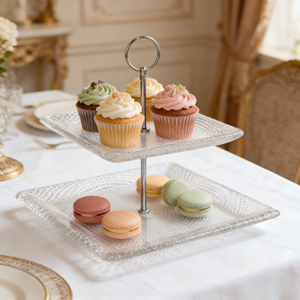 Plateau de service carré en verre à deux niveaux de 11 pouces IVV Posuda avec support métallique, style classique - Product Image 1