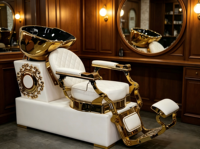 Fauteuil de lavage de luxe blanc et or avec bassin en céramique, fauteuil inclinable pour salon de coiffure, unité de lavage avec repose-pieds