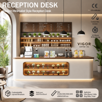 Comptoir de bar à café minimaliste blanc et bois avec éclairage d'ambiance LED, comptoir commercial pour café, boulangerie, personnalisation disponible