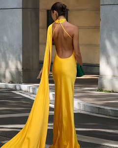 Nastro di raso abiti lunghi con <span class=keywords><strong>spalle</strong></span> <span class=keywords><strong>scoperte</strong></span> senza schienale di temperamento Slim Fit elegante donna Club festa Maxi <span class=keywords><strong>abito</strong></span> - Product Image 6