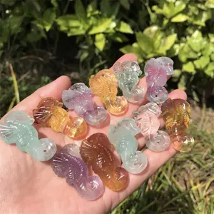 Natural Crystal Hippocampus Healing Stones Carving Craft Rainbow Candy Fluorite Seahorse