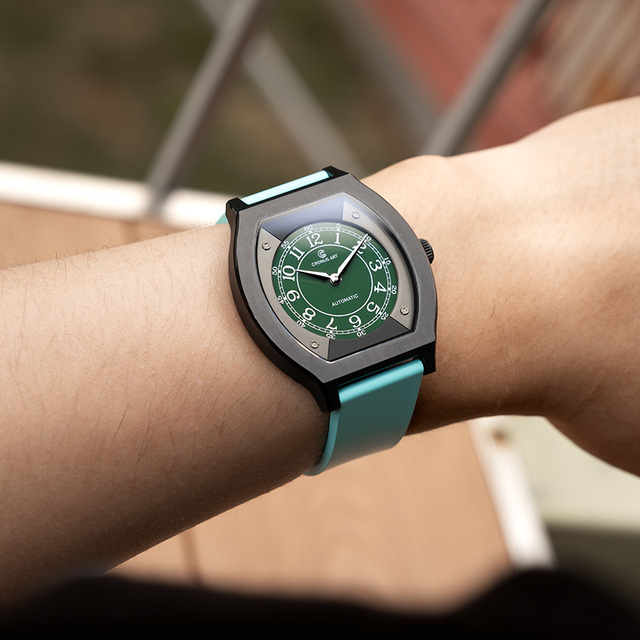 Luxury Tonneau Men's Mechanical Watches, Titanium Black Case, Skeletonized Numeric Dial Blue Rubber Strap