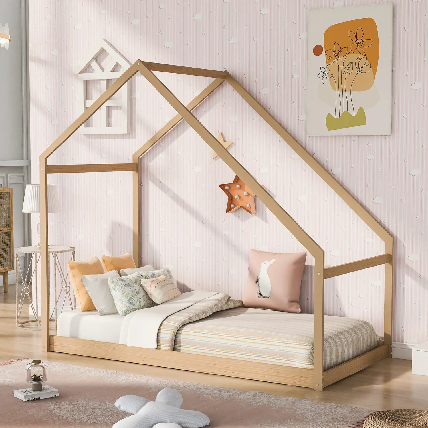 Solid Pine Wood Montessori Wooden Kids Playing Game House Baby Toddler Floor Bed