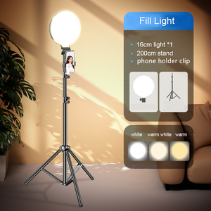 <span class=keywords><strong>Kit</strong></span> d'éclairage annulaire LED doux de 16 cm avec support réglable de 2 m et pince pour téléphone, 3 modes de couleur, intensité réglable, pour diffusion en direct - Product Image 1