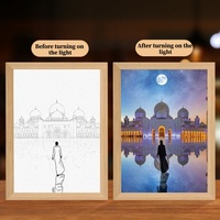 Cadre de peinture LED 4D musulman avec lumières multicolores changeantes, cadeau islamique - Matériel en bois, rechargeable par USB