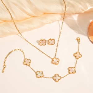 Parure de bijoux en acier titane double face trèfle à quatre feuilles, collier ras-du-cou et bracelet tendance, cadeau de luxe pour la mariée et les fêtes - Product Image 3