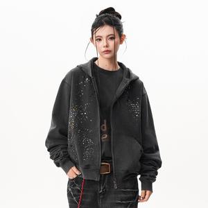 เสื้อฮู้ดซิปผ้าฝ้ายฟอกทรงหลวมสไตล์ยุโรปอเมริกันสุดเทรนดี้ แต่งลายตัวอักษรโลโก้แบบกำหนดเอง ประดับด้วยคริสตัล เหมาะสำหรับฤดูใบไม้ผลิ - Product Image 3