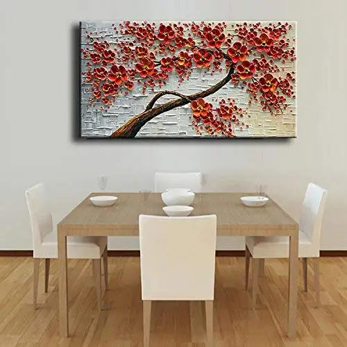 Modern Handmade Abstract Red Flower Palette Knife Oil Painting on Canvas