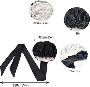 Lingsheng vente en gros Double couche Bonnets doublés en Satin avec longue bande Logo personnalisé pour les femmes Bonnet sommeil bonnet de nuit couvre-chef Cape - Product Image 2