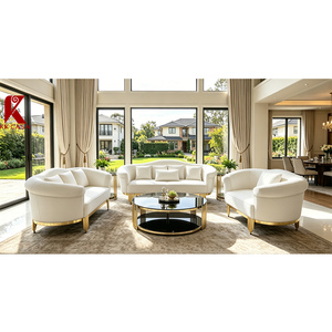 Elegante Set di Divani in Velluto Arrotondato a 3 Pezzi per Soggiorno, Base Dorata Lucida, Lussuoso Set di Divani per Arredamento Interno di Ville - Product Image 6