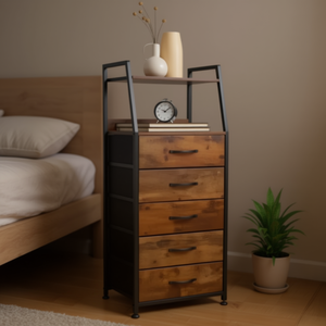 Table de chevet rustique marron à 5 tiroirs avec étagère à 2 niveaux, armoire de rangement pour chambre à coucher, salon, meubles de maison - Product Image 2