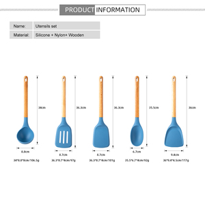 Factory Direct New Arrival Utensil Set Custom Logo Wooden Handle <strong>Silicone</strong> Cooking <strong>Spatula</strong> Spoon Utensils Sets For Kitchen