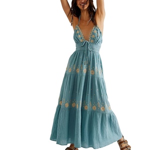 Vestido de Verano sin Espalda ni Mangas, Vestido Maxi Bohemio de Lino Bordado para Fiesta en la Playa y Vacaciones Hawaianas - Product Image 4