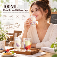 Mug Kaca Dinding Ganda Motif Bunga dengan Gagang Kristal 100ml/3.3oz Aman untuk Makanan OEM ODM Grosir Partai Besar Hadiah Pribadi Peralatan Kaca