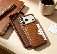 Étui de téléphone en cuir PU texture croco de luxe pour iPhone 18/17/16/15 Pro Max, protection intégrale à 360° avec porte-cartes intégré