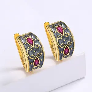 Set perhiasan Enamel klasik perhiasan emas 18k Enamel buatan tangan warna-warni perhiasan cincin epoksi hitam anting kalung untuk wanita