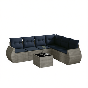 Conjunto de Sofás de Jardín de Ratán Sintético Gris Moderno, 7 Piezas, Muebles de Exterior con Cojines, Diseño Contemporáneo - Product Image 1