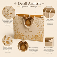 Sac cadeau en papier de luxe, design floral ajouré, poignée en corde, logo personnalisé, emballage haut de gamme pour boutique HONPAK